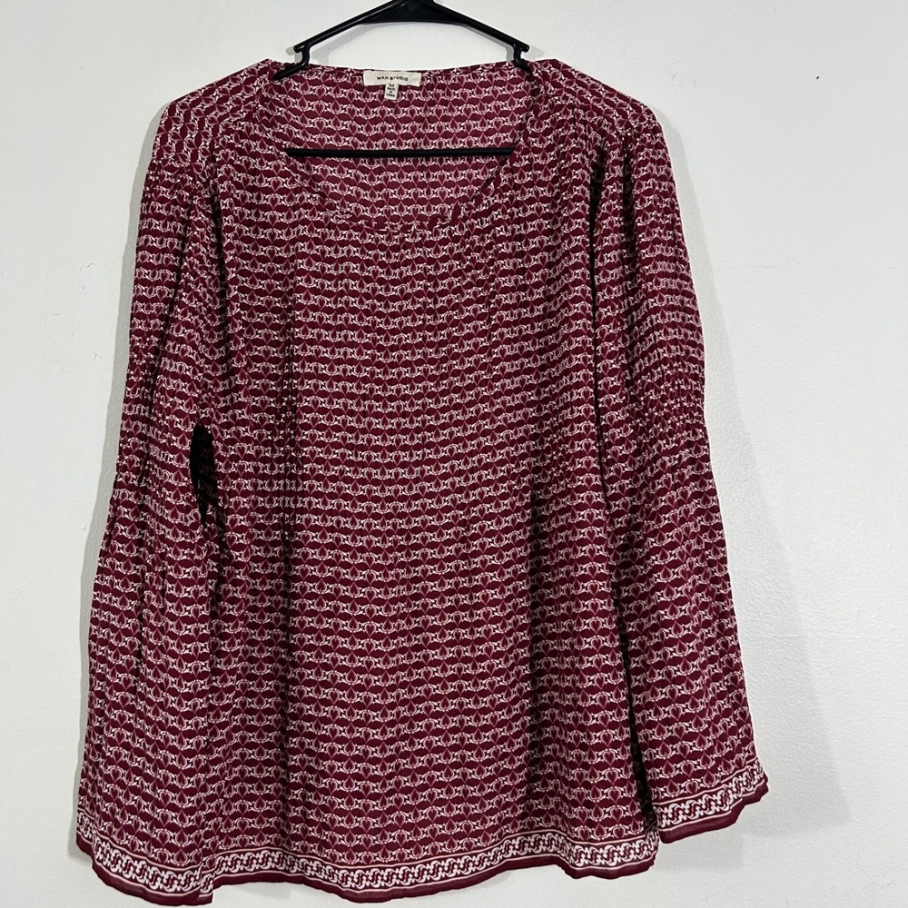 Max Studio Blouse Top Medium Burgundy‎ Heart Print Long Sleeve Boho Womens